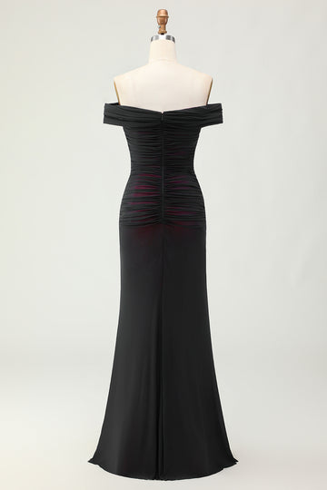 Off the Shoulder Sheath Black Pink Bridesmaid Dress with 3D Flower